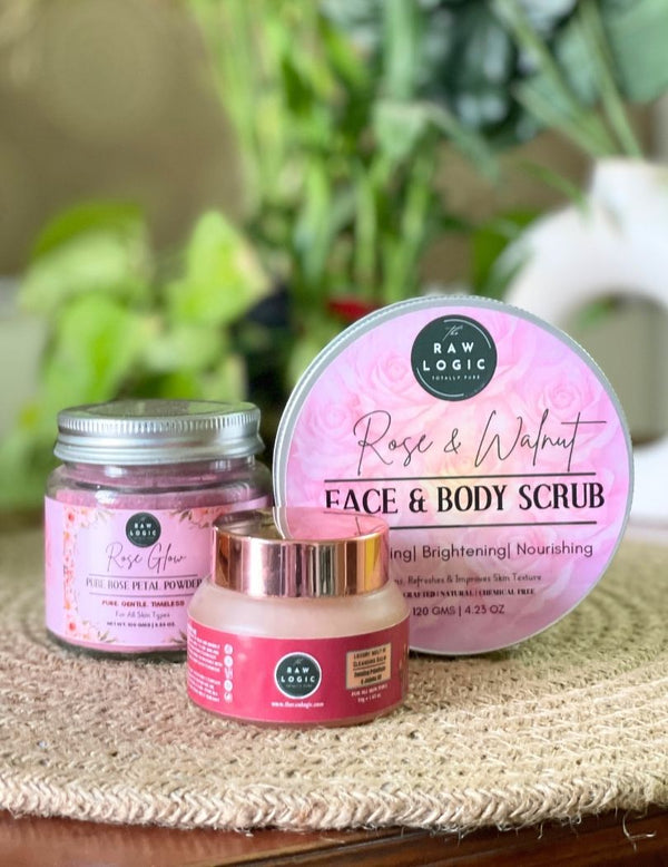 Floral Indulgence Trio – Strawberry Cleansing Balm + Rose Walnut Scrub + Rose Petal Face Pack