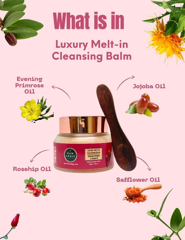 The RawLogic Cleansing Balm Ingredients – Organic coconut oil, safflower oil, jojoba oil, and more for a natural, nourishing cleanse
