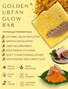 Golden Ubtan Glow Bar soap showing key benefits like brightening and exfoliating dull skin