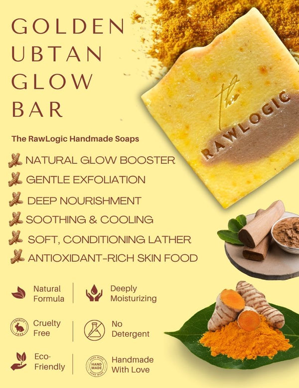 Golden Ubtan Glow Bar soap showing key benefits like brightening and exfoliating dull skin