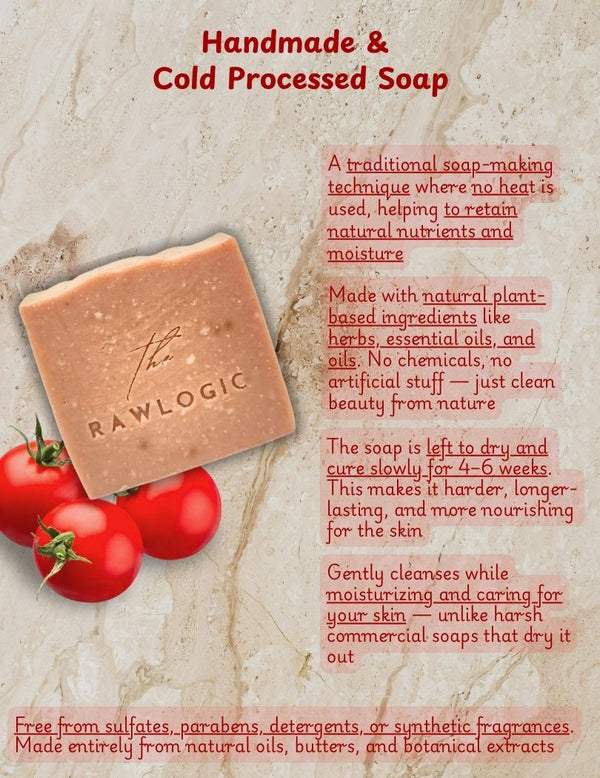 Cold process soap-making method showcasing traditional techniques and natural ingredients that preserve nutrients in each Tomato Clear Skin Bar.