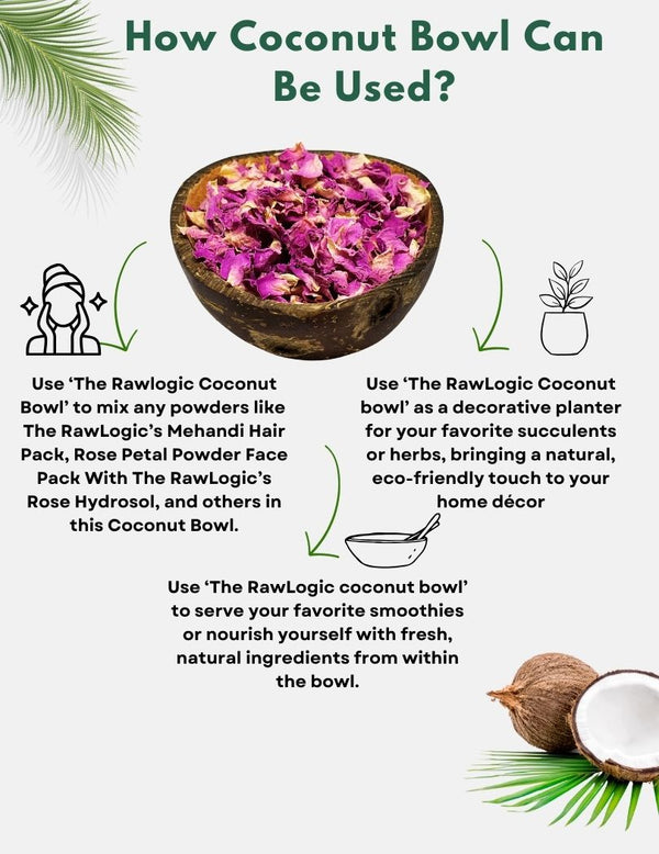 how Rawlogic Coconut Bowl can be used in various ways like personal care, as a planteer, or to serve your favourite food. Guide on using Rawlogic Coconut Bowl for serving meals, smoothies, or snacks in an eco-friendly, natural bowl