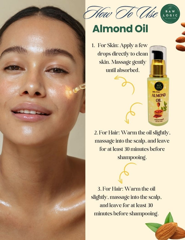 how to use the rawlogic almond oil for skin hair and body