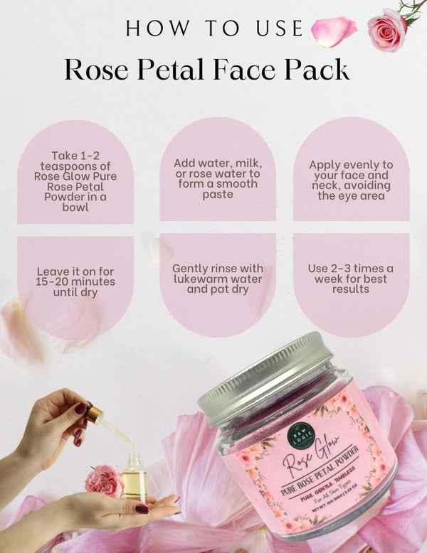 How to use The RawLogic 100% Pure Rose Petals Face Pack – Simply mix with water, apply to face, and let it work its magic for radiant skin