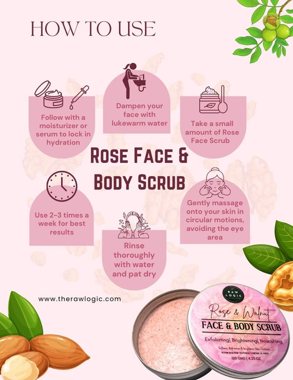 Step-by-step guide on how to use The RawLogic Rose Walnut Face & Body Scrub for smooth, radiant skin