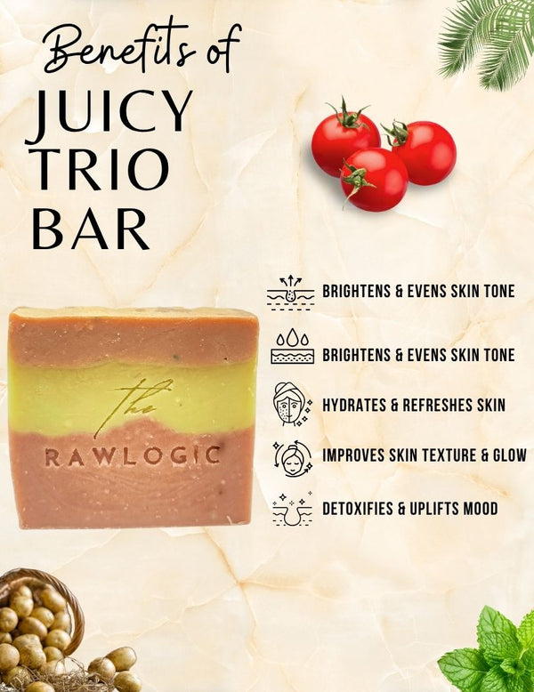 Key benefits of Juicy Trio Bar – brightens, detoxes, exfoliates, and refreshes skin
