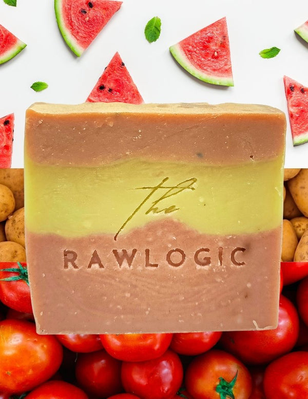 Hero ingredients – watermelon juice, cucumber juice, tomato puree, pink clay, and poppy seeds.