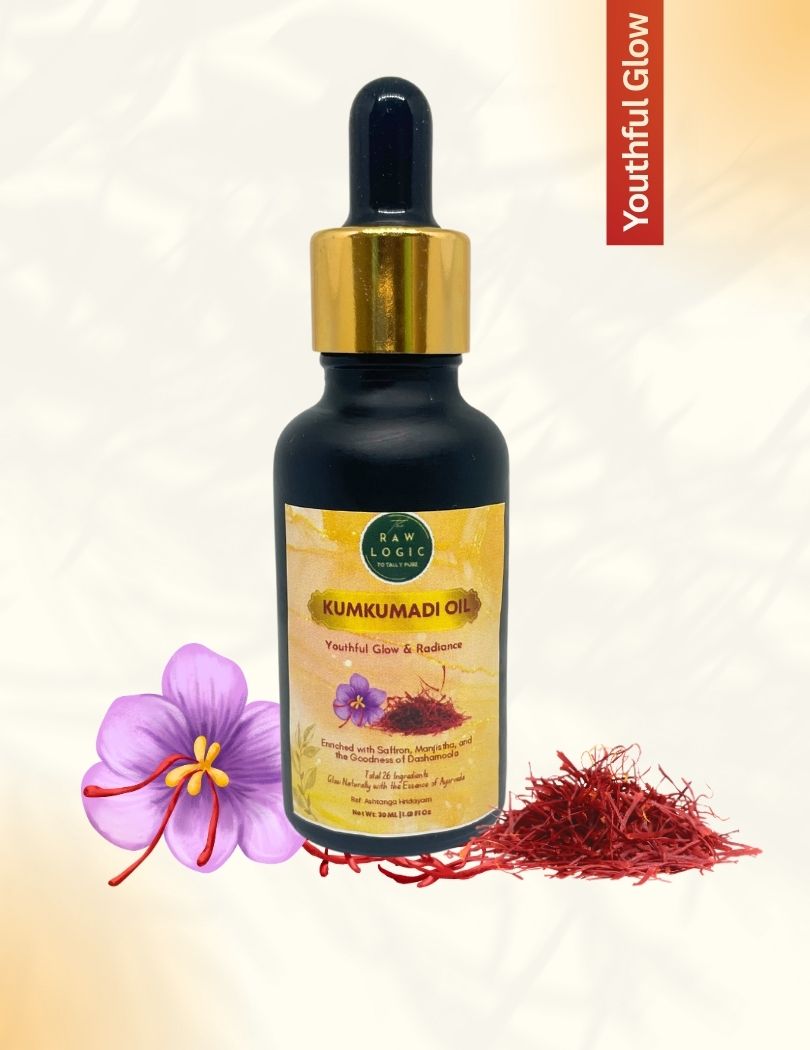 Front view of The RawLogic Kumkumadi oil, showcasing its luxurious natural skincare formula
