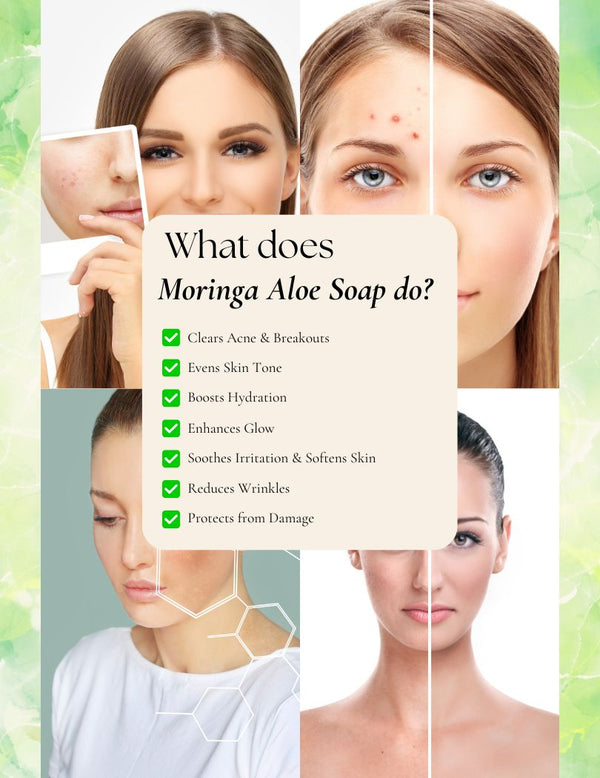 Before-and-after transformation of skin using Moringa Aloe Soap, revealing clearer, brighter, and deeply hydrated skin.