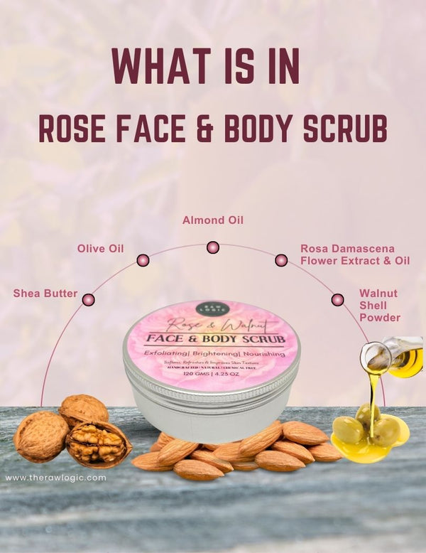 A display of natural ingredients like rose petals, walnut grits, and nourishing oils used in The RawLogic Rose Walnut Face & Body Scrub