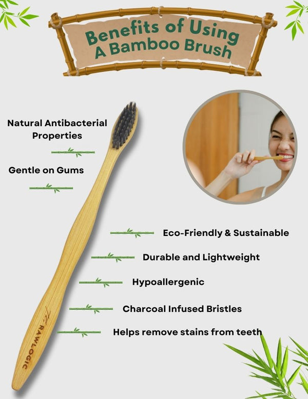List of benefits of Rawlogic Bamboo Toothbrush, including eco-friendliness, natural antibacterial properties, and teeth whitening