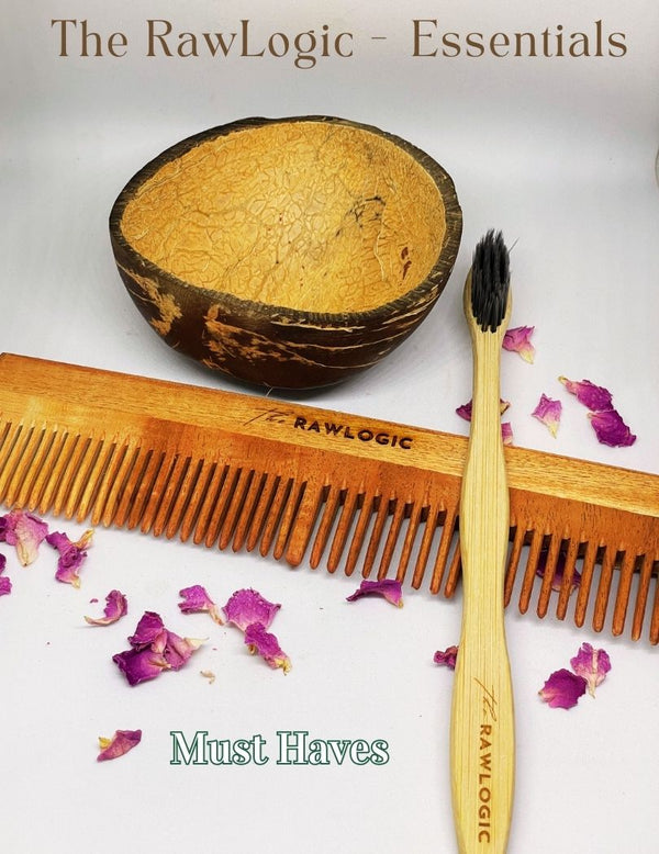Detailed close-up of Rawlogic Bamboo Toothbrush with activated charcoal bristles, designed for effective teeth cleaning and stain removal