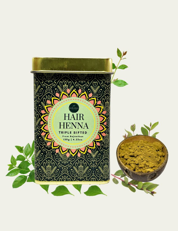 Front view of Rawlogic Rajasthani Henna Powder, triple sifted with high lawsone content for vibrant hair color and rich hand art designs