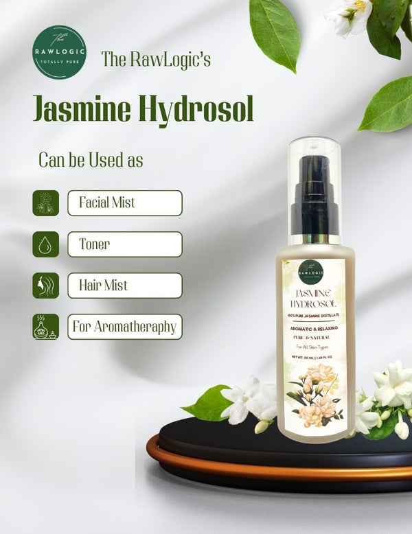 Rawlogic Jasmine Hydrosol for Glowing Skin & Healthy Hair can be used as facial mist, toner, hair mist, and as aromatheraphy spray