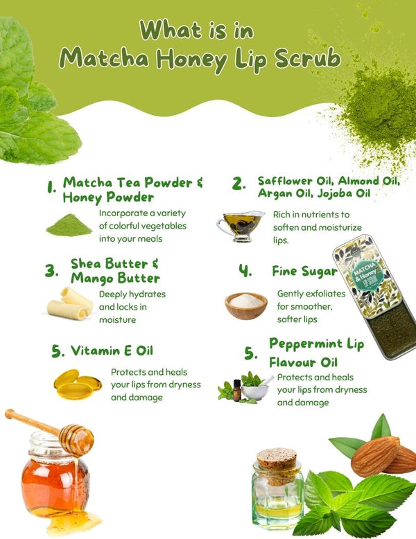 Natural Ingredients in Rawlogic Matcha Honey Lip Scrub - Matcha, Honey, Sugar, Oils