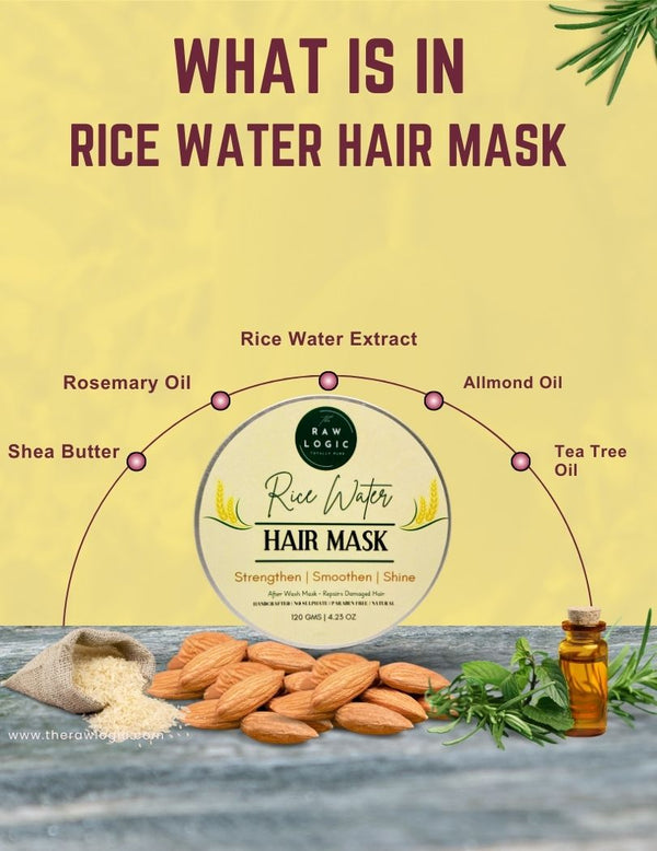 Ingredients of The RawLogic Rice Water Hair Mask - Almond Oil, Rice Water Extract, Shea Butter