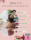 Natural ingredients in RawLogic Rose Bath Salt, including Himalayan pink salt, rose petals, and essential oils