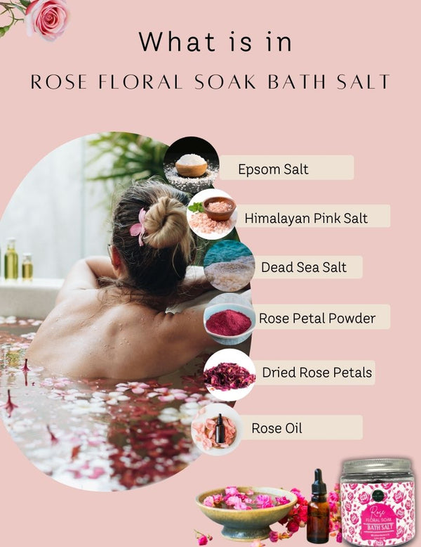 Natural ingredients in RawLogic Rose Bath Salt, including Himalayan pink salt, rose petals, and essential oils