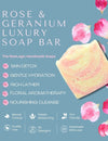 Rose & Geranium Luxury Soap Bar by RawLogic with product and brand details on a blue background.