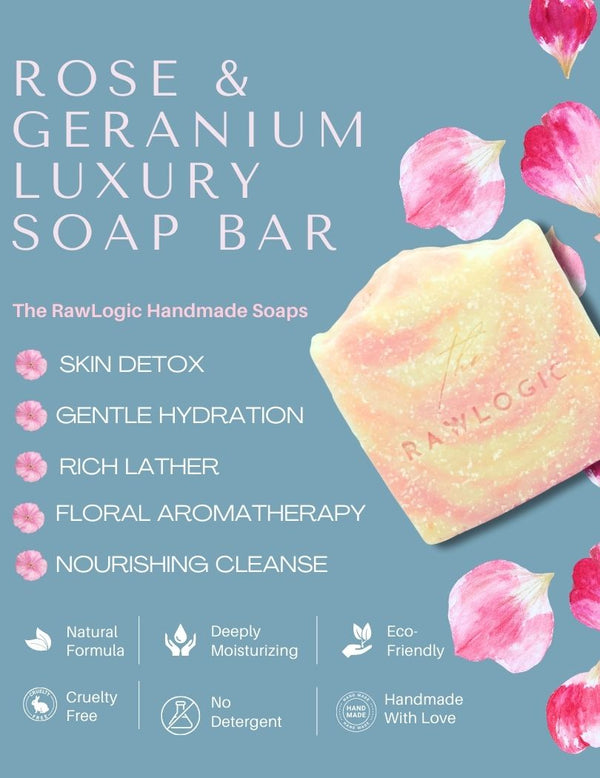Rose & Geranium Luxury Soap Bar by RawLogic with product and brand details on a blue background.