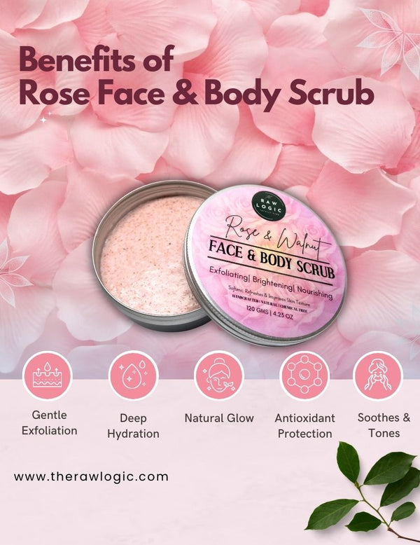 Key benefits of The RawLogic Rose Walnut Face & Body Scrub highlighting exfoliation, skin brightening, and nourishment