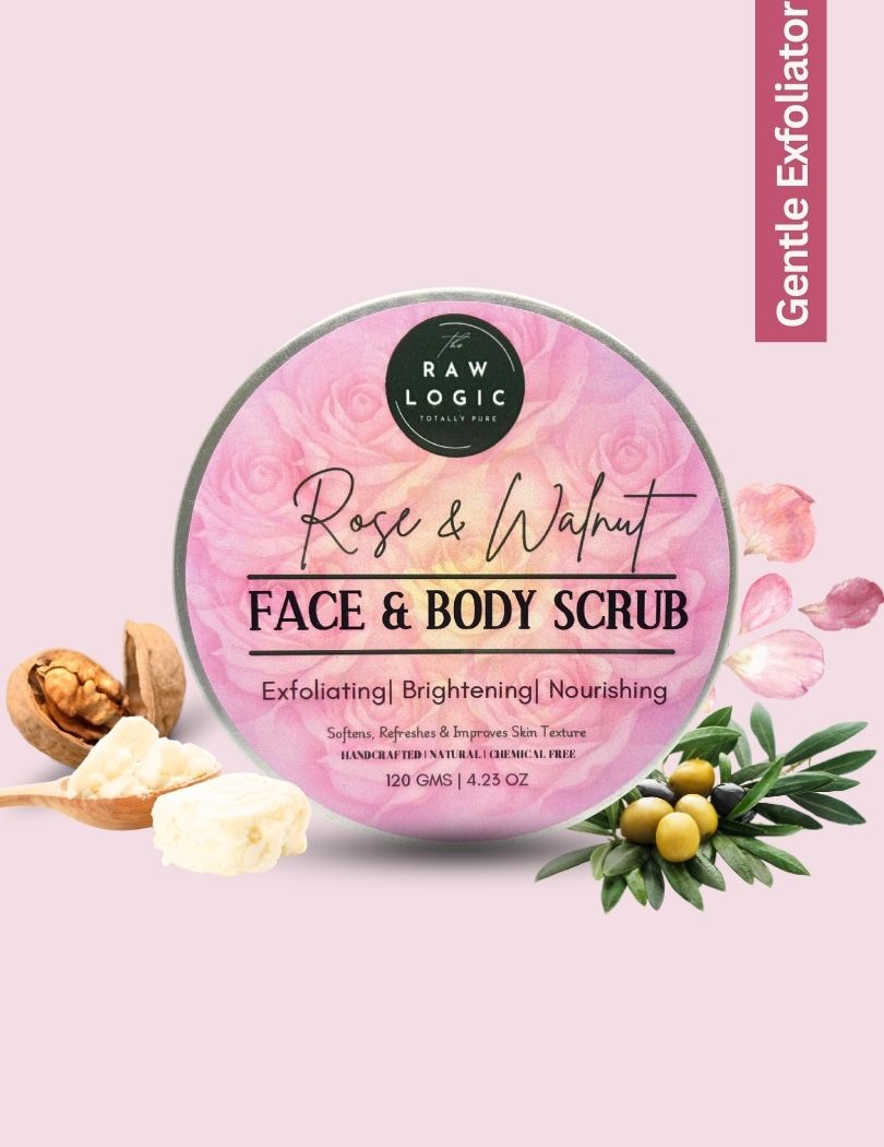 Front view of The RawLogic Rose Walnut Face & Body Scrub showcasing its natural exfoliating and brightening formula