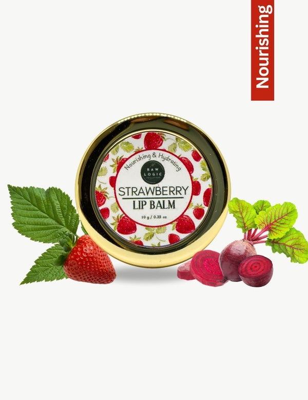 Front view of Strawberry Beetroot Infused Lip Balm by The Rawlogic – natural, nourishing, and hydrating formula