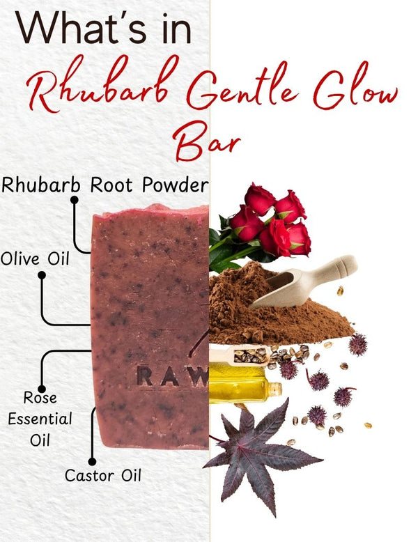 Ingredient list – rhubarb root, shea butter, essential oils, natural saponified oils
