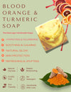 Advertisement for Blood Orange & Turmeric Soap with product image and benefits listed.