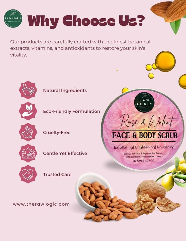 Reasons to choose The RawLogic Rose Walnut Face & Body Scrub, emphasizing its natural, cruelty-free, and skin-friendly formulation