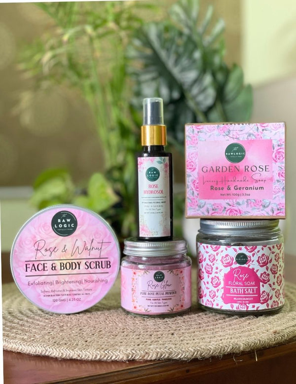 Rose Royale Collection – Scrub + Face Pack + Hydrosol + Bath Salt + Geranium Soap