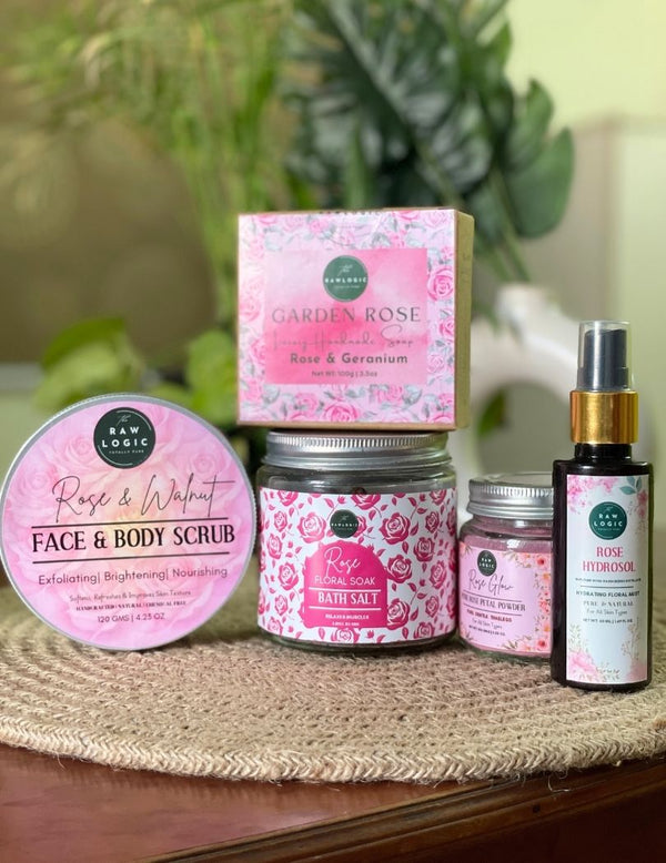 Rose Royale Collection – Scrub + Face Pack + Hydrosol + Bath Salt + Geranium Soap