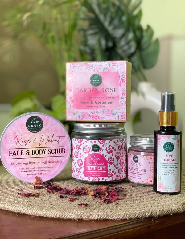 Rose Royale Collection – Scrub + Face Pack + Hydrosol + Bath Salt + Geranium Soap