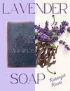 Elegant handcrafted lavender soap with calming aroma with lavender and ratanjot roots on display