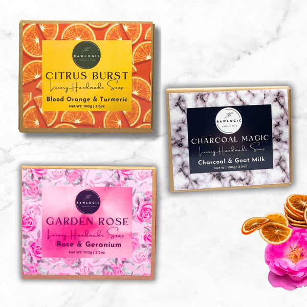 The Rawlogic Handmade Natural Soap Combo | (Rose Clay, Lemon Turmeric & Charcoal Goat Milk)