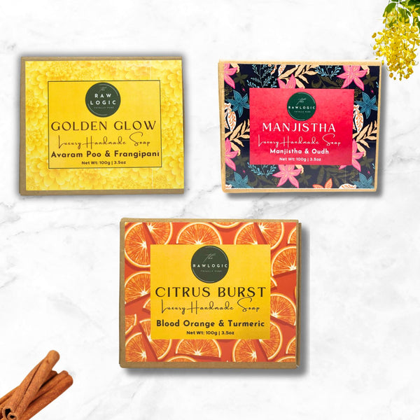 Three boxes of Raw Logic soaps with colorful design of soaps