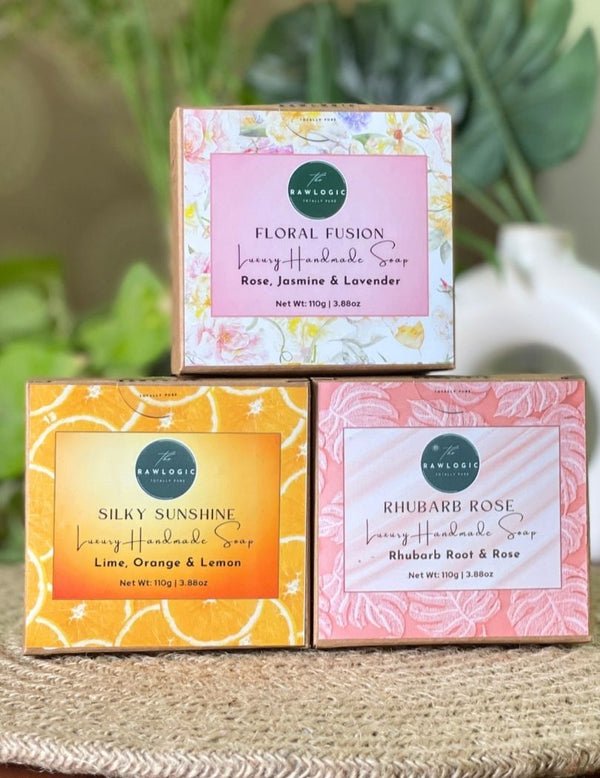 Luxury Floral & Fruity Soap Pack | Floral Fusion, Silky Sushie & Himalayan Rhubarb Rose | Each 90 gms X 3 – handmade herbal soap combo with Floral Fusion, Silky Sushie & Himalayan Rhubarb Rose.
