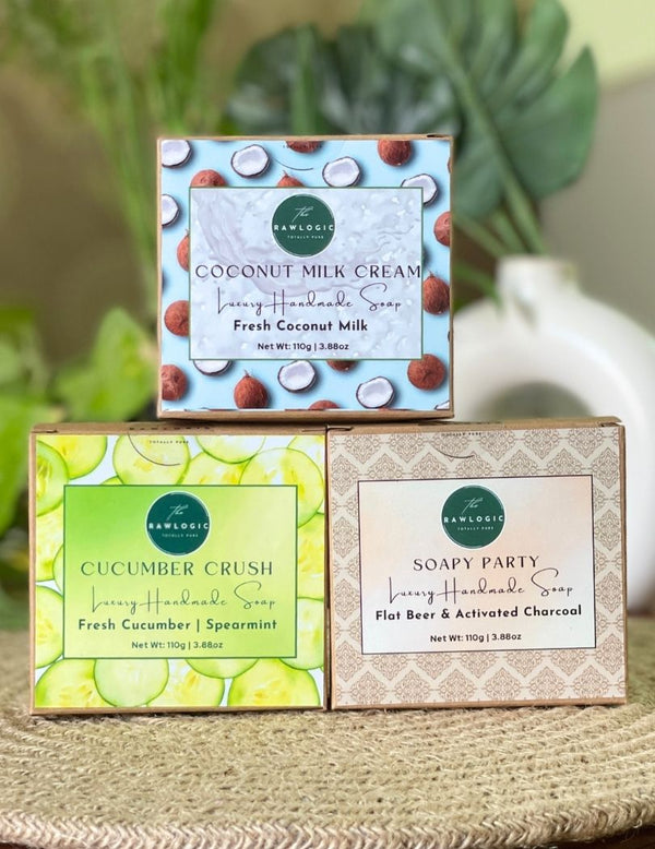 Exotic Bath Soap Pack | Coconut Milk, Cucumber Crush & Soapy Party (Beer + Charcoal) | Each 90 gms X 3 – handmade herbal soap combo with Coconut Milk, Cucumber Crush & Soapy Party (Beer + Charcoal).