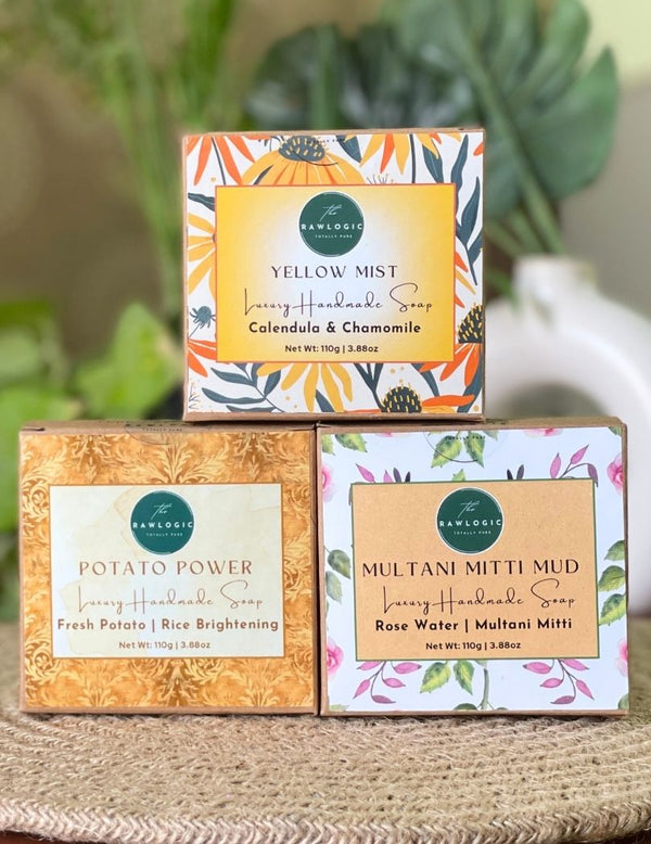 Healing Therapy Soap Pack | Calendula & Chamomile, Potato & Rice, Multani Mitti & Rosewater | Each 90 gms X 3 â handmade herbal soap combo with Calendula & Chamomile, Potato & Rice, Multani Mitti & Rosewater.