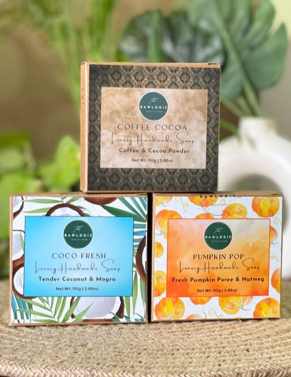 Indulgence Soap Pack | Coffee Cocoa, Coco Fresh (Tender Coconut & Mogra) & Pumpkin Pop | Each 90 gms X 3 – handmade herbal soap combo with Coffee Cocoa, Coco Fresh (Tender Coconut & Mogra) & Pumpkin Pop.