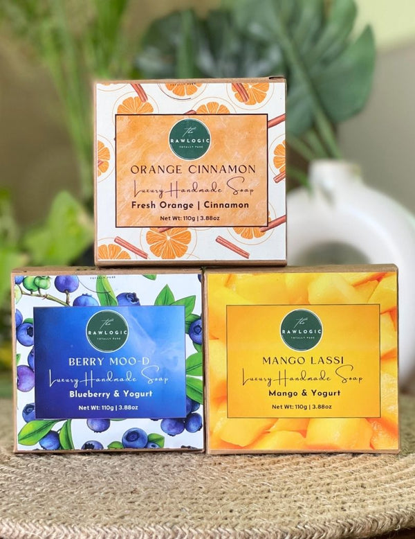 Fruity Indulgence Soap Pack | Orange Cinnamon, Blueberry & Mango Lassi | Each 90 gms X 3 – handmade herbal soap combo with Orange Cinnamon, Blueberry & Mango Lassi.
