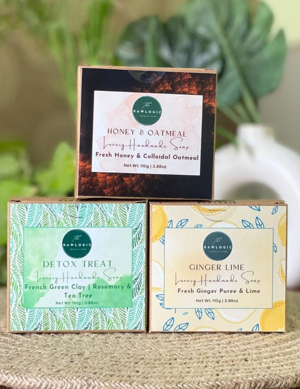 Essential Care Soap Pack | Honey Oatmeal, Detox Treat & Ginger Lime | Each 90 gms X 3 – handmade herbal soap combo with Honey Oatmeal, Detox Treat & Ginger Lime.