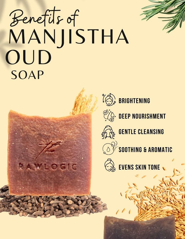 Manjistha Oud soap with benefits listed on a beige background