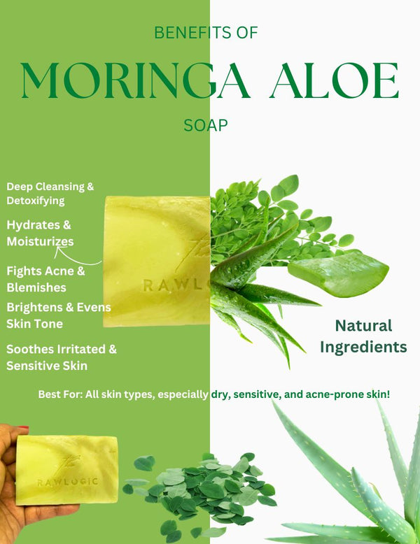 Moringa aloe soap packaging with green background and aloe vera plant imagery.