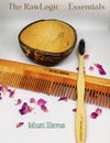 Detailed close-up of Rawlogic Bamboo Toothbrush with activated charcoal bristles, designed for effective teeth cleaning and stain removal